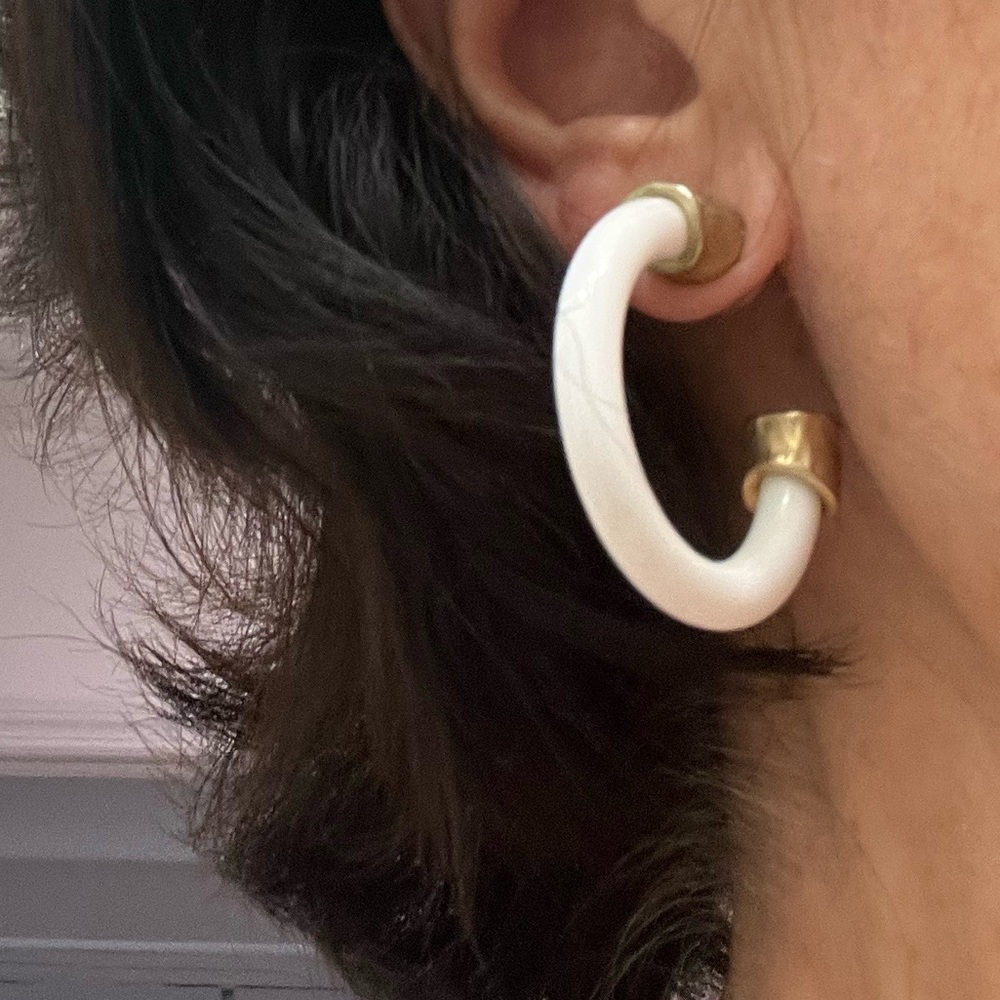 Vintage Gold and White Hoop Earrings - Picture 2 of 16